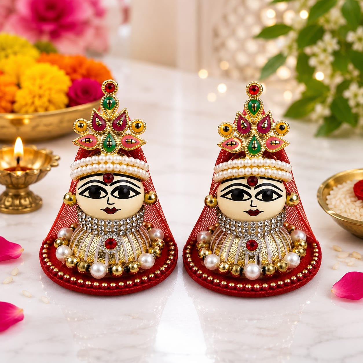 RIDDHI SIDDHI Decorative Wooden Idol Pair � Traditional MATA Rani Face with Pearl & Bead Work | Handcrafted Pooja Decor for Mandir, Navratri & Festive Gifting (Set of 2, 7.5 cm)-picture-10