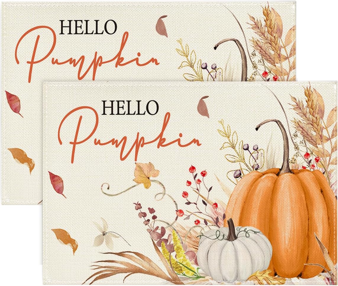 Artoid Mode Orange Hello Pumpkin Floral Leaves Fall Placemats Set of 2, 12x18 Inch Autumn Thanksgiving Harvest Table Mats for Kitchen Dining Decoration 12" x 18", Rectangular 2 Pcs Beige/Orange