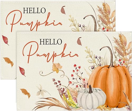 Artoid Mode Juego de 2 manteles individuales de otoño de 12 x 18 pulgadas con diseño de hojas florales de calabaza naranja y calabaza para