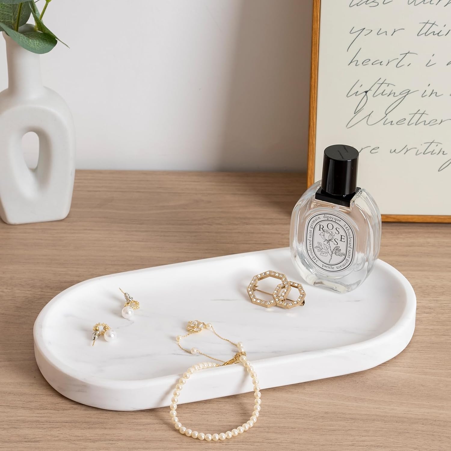 Koville White Marble Oval Tray for Bathroom Countertop, 10" x 5" Natural Marble Vanity Trays, Stone Perfume Organizer Tray for Decor, Jewelry Dish Perfume Trays for Dresser - Image 6