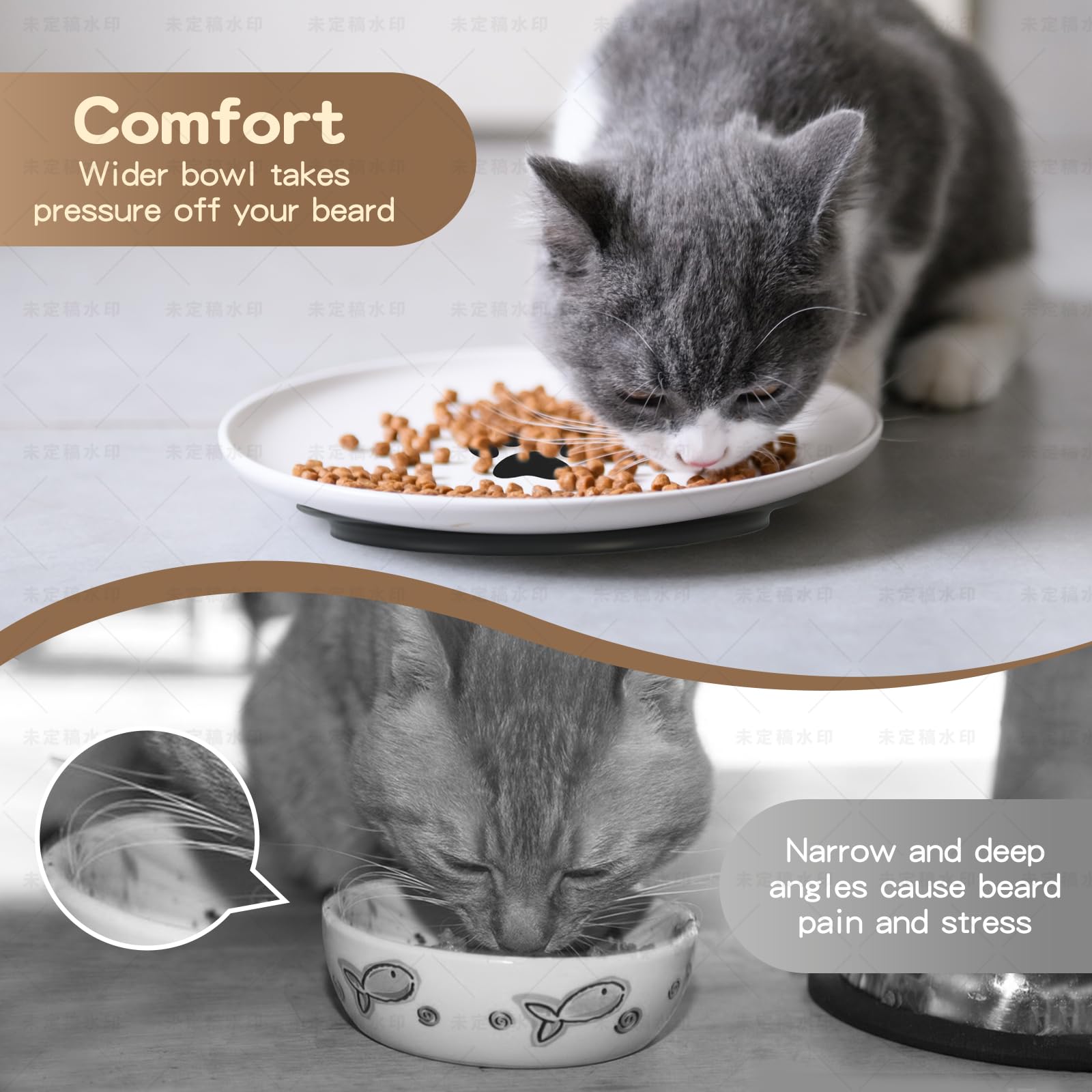 Set 3 Ciotole Per Gatti In Ceramica Con Base Antiscivolo - Piatte, Anti Affaticamento Baffi - Foto 7