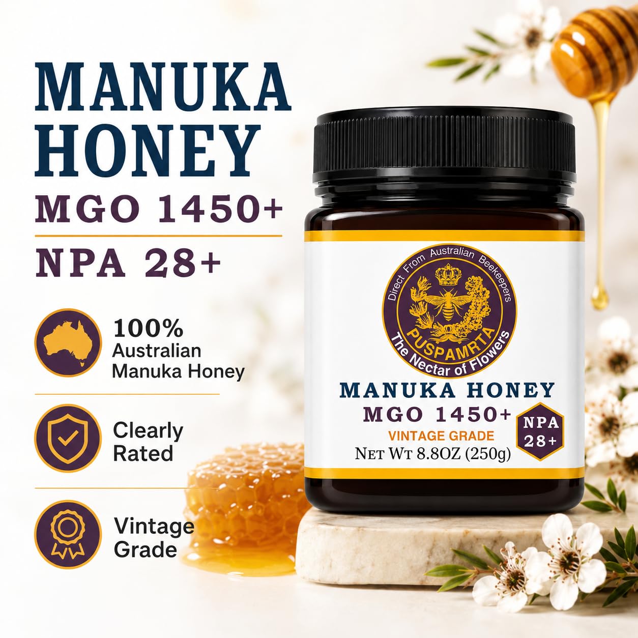 Puspamrta Australischer Manuka Rohhonig MGO 1450+ NPA 28+ 250g | MGO 1450+ NPA 28+ Australian Manuka honey, 250g jar for tea, toast, breakfast and pantry use