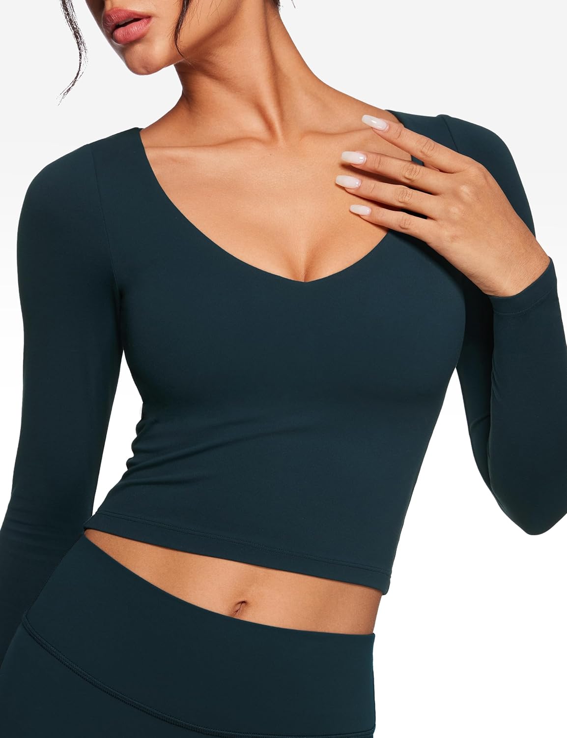 Womens V-Neck Long Sleeve Workout Crop Tops Slim Fit Padded Athletic Shirts Casual Yoga Gym Tops - Image 5