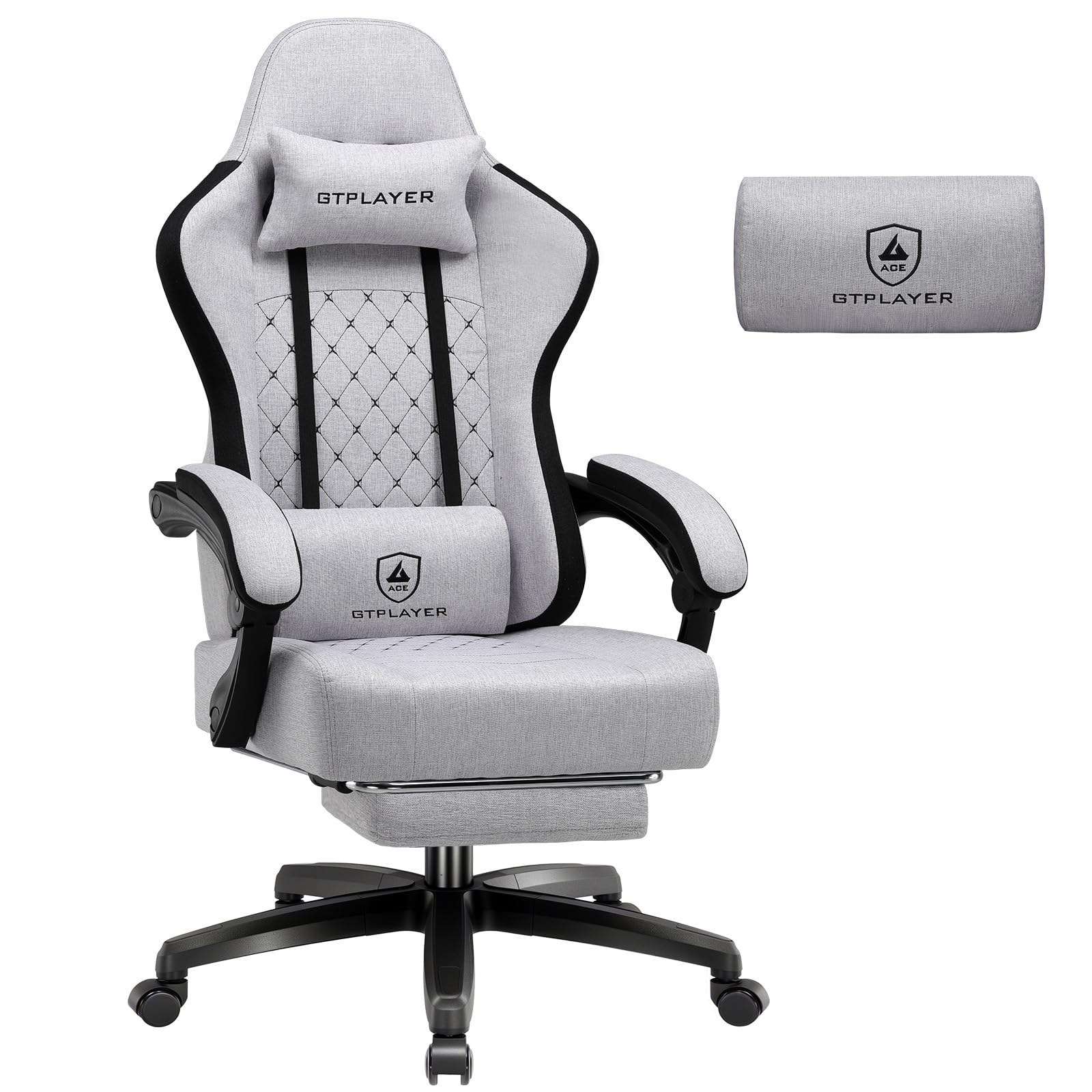 GTPLAYER Gaming Stuhl Stoff, Gaming Sessel mit Taschenfederkissen, ergonomischer Drehstuhl, Gamer Stuhl mit Fußstütze,150 kg Belastbarkeit, hellgrau