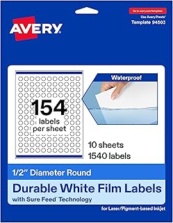 Avery Durable Waterproof Round Labels with Sure Feed, .5" Diameter, 1,540 Oil and Tear-Resistant Waterproof Labels, Print-... Price In India