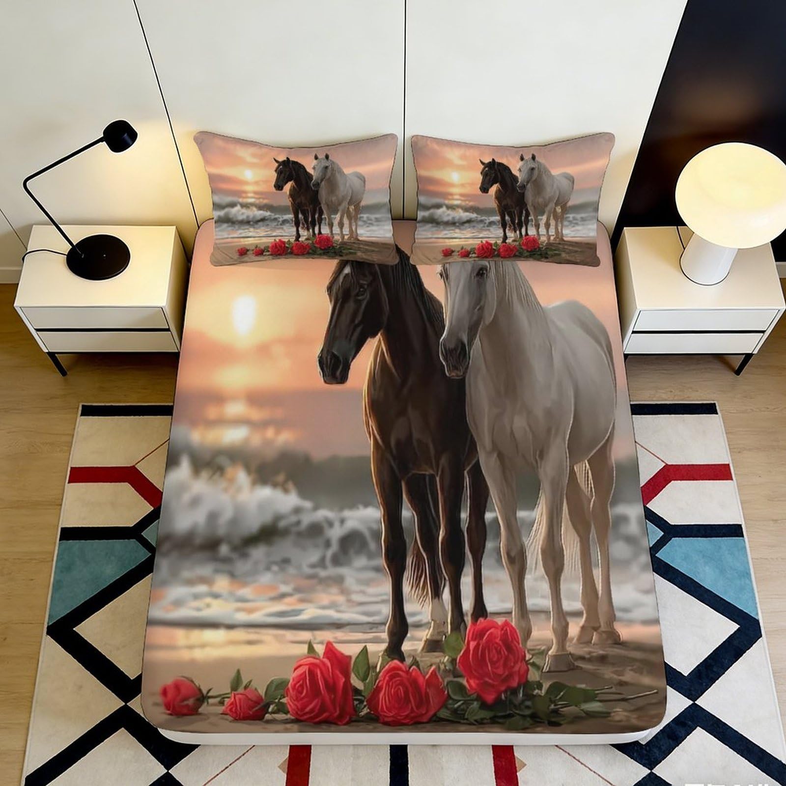 3D Printed Horse Fitted Sheet Microfiber Deep Pocket Non-Slip Bedroom Bedding Horse Mattress Fitted Cover for Adults Teens 140x200x25cm