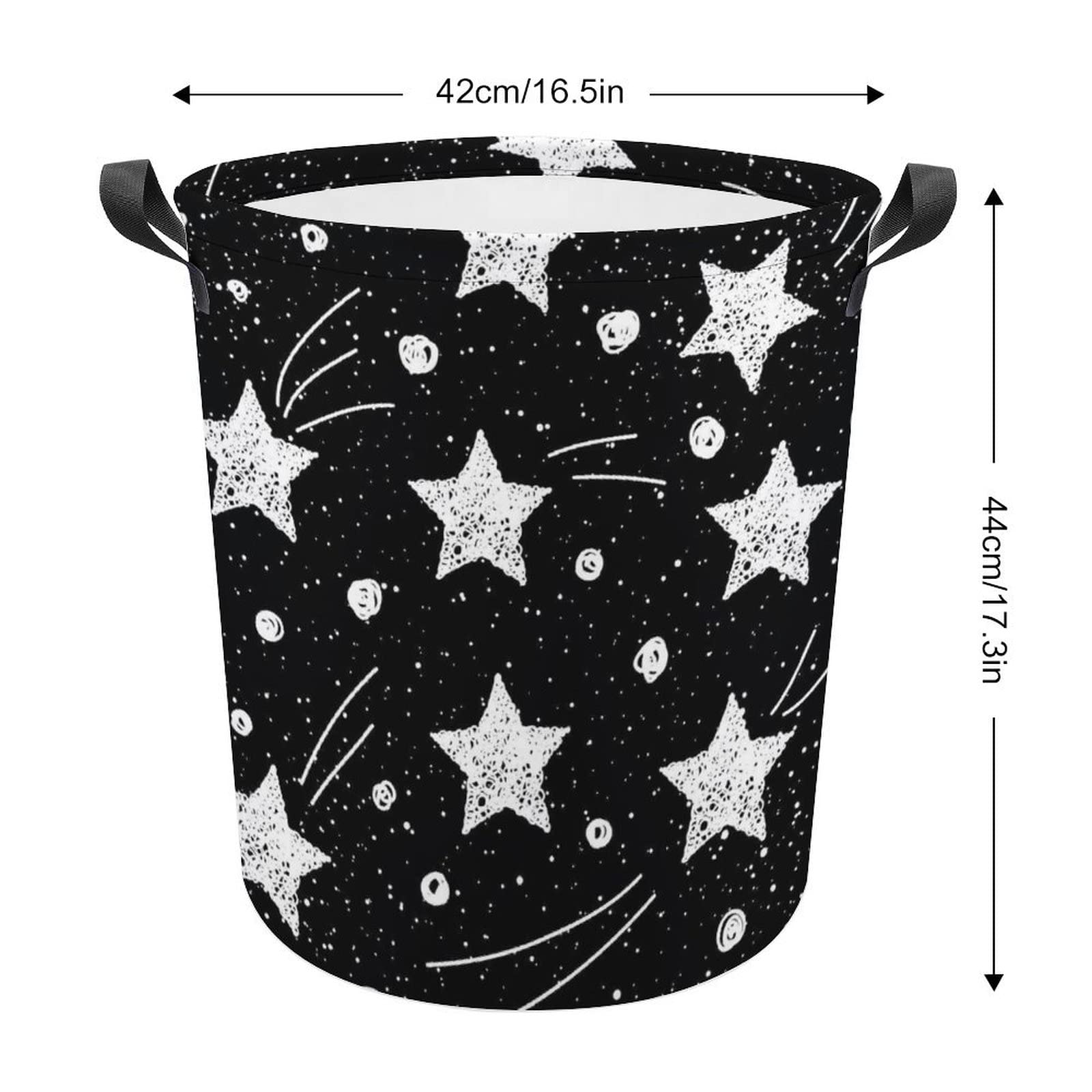 White Doodle Stars Circles with Black Galaxy Space Background Collapsible Waterproof Laundry Hamper, Lightweight Washing Basket Bin Storage Organizer Bucket with Handles for Toys Clothes