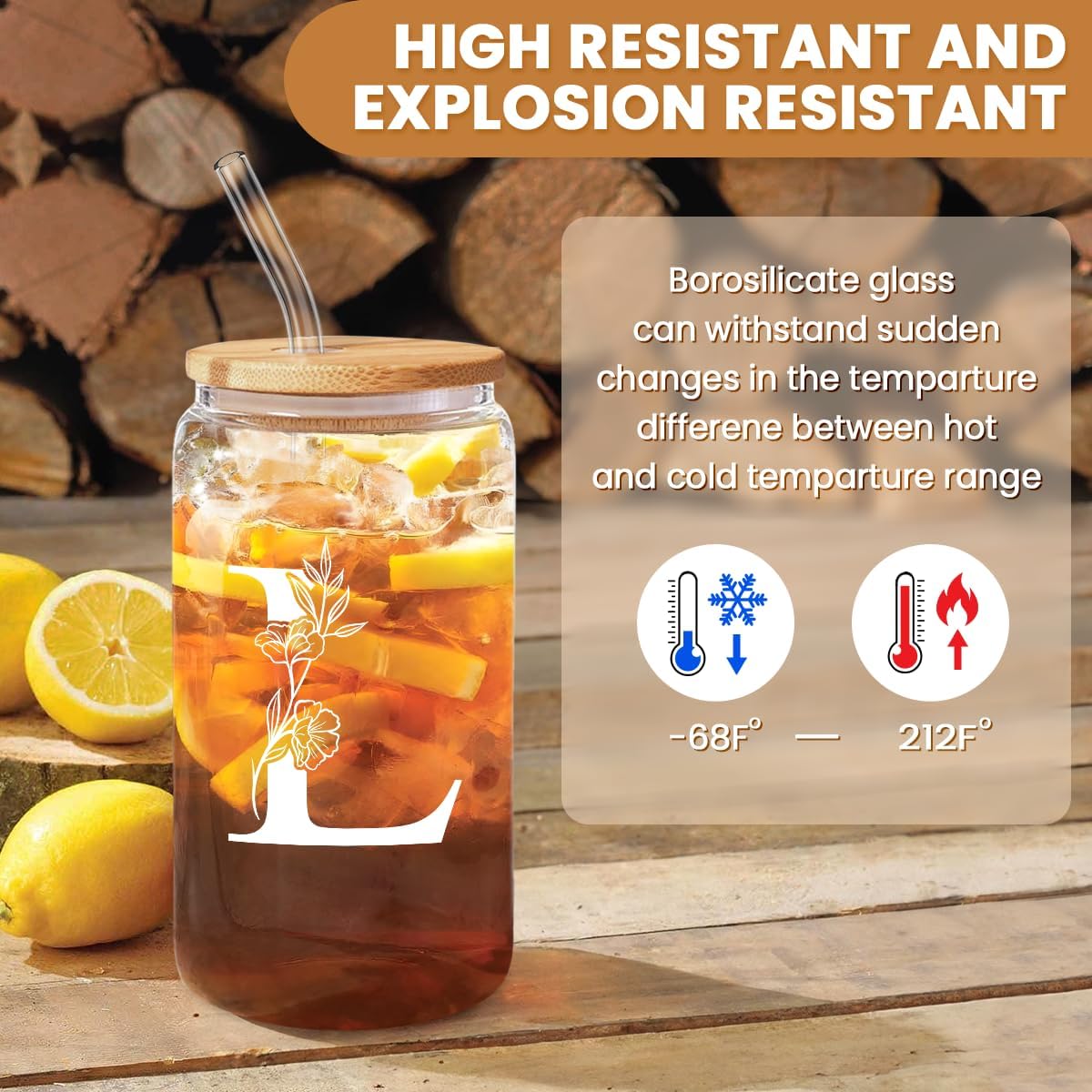 SANDJEST Monogrammed Gifts for Women - Monogram L Initial Glass Cup 16 Oz Can Coffee Cups with Lid and Straw - Monogram Initials Gifts for Womens on Birthday - Image 3