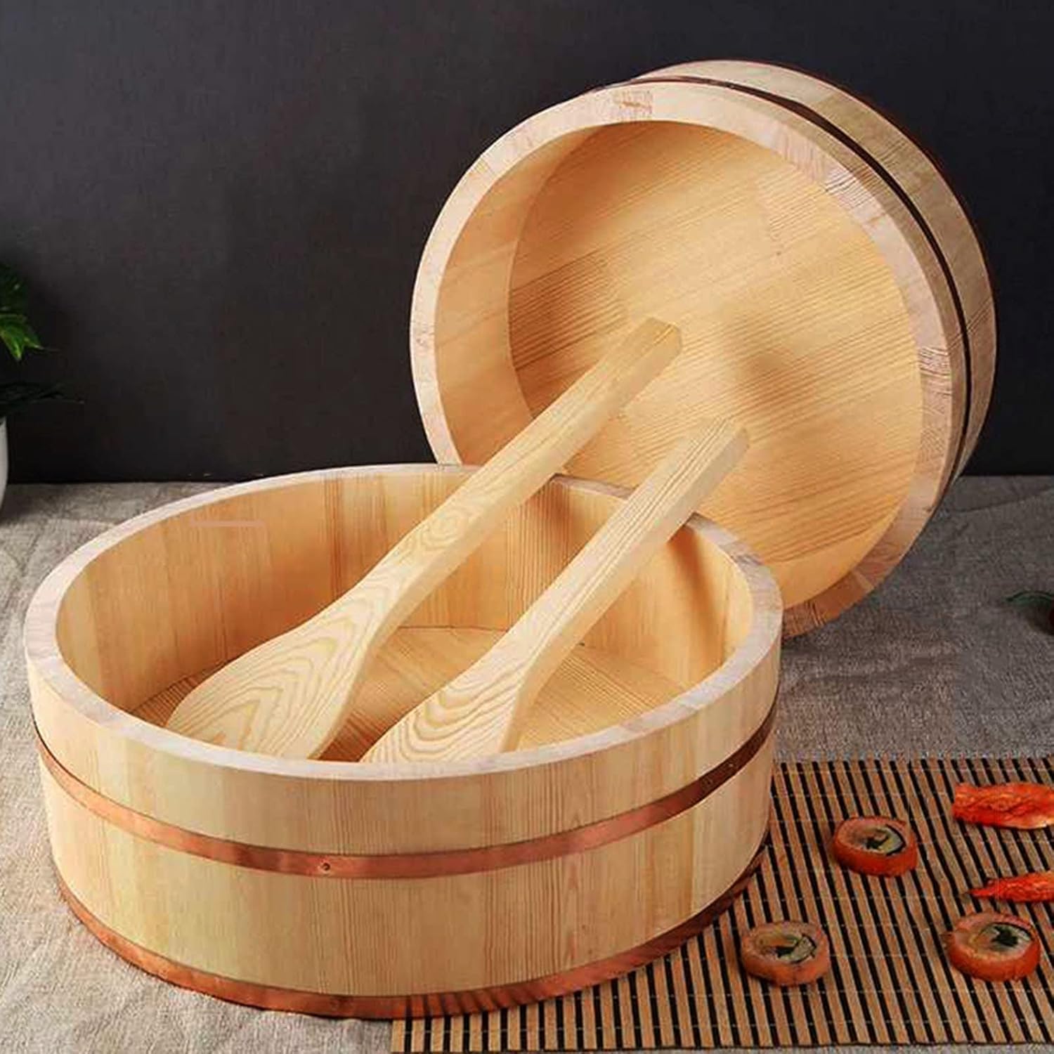 Wood Sushi Oke Tub Hangiri Rice Mixing Bowl with Copper Banding Jaese Rice Bucket Sushi Making Bowl for Restaurant Kitchen, 60cm/23.6in