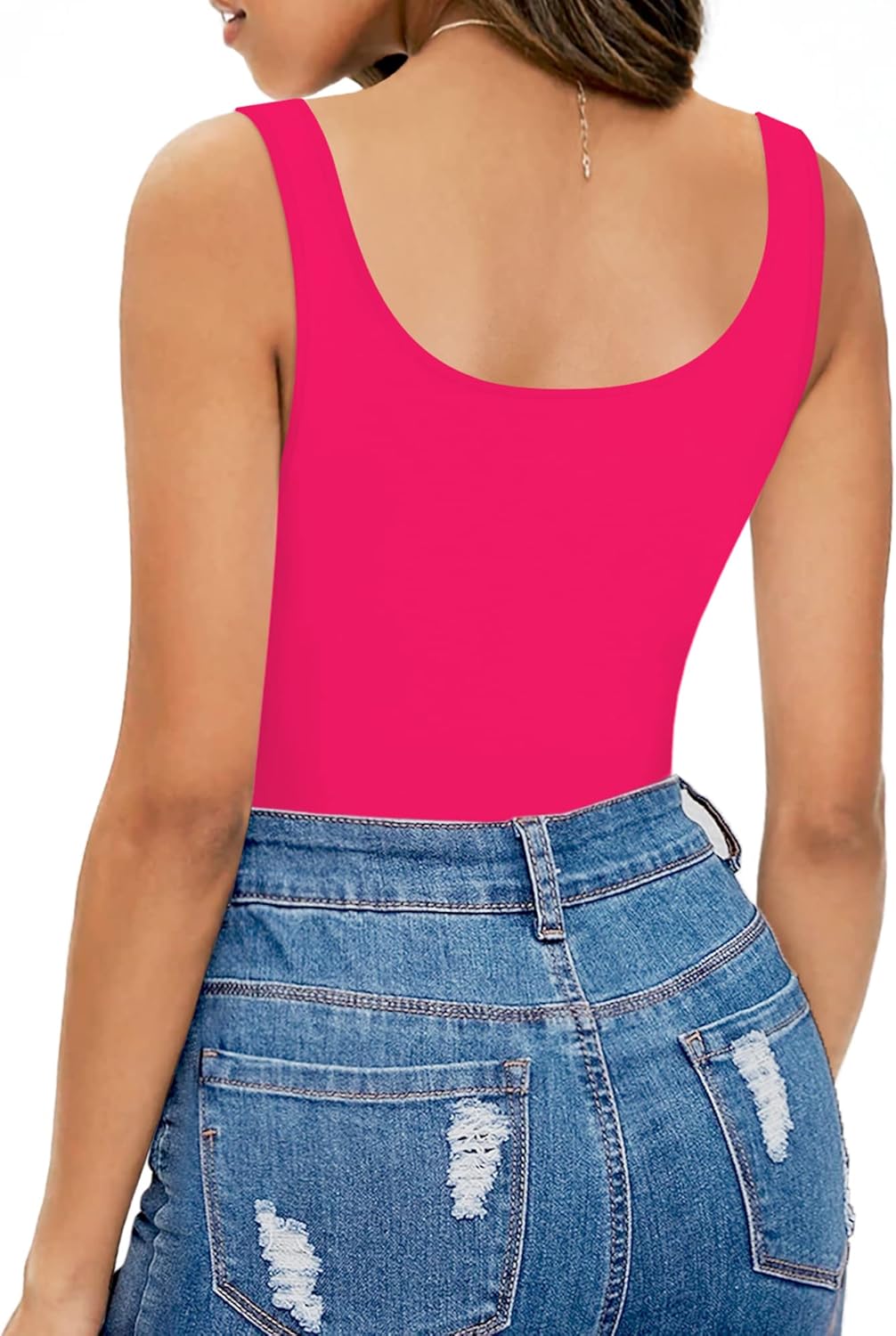 MANGOPOP Women's Tank Top Bodysuit Scoop Neck Sleeveless Body Suits Sexy U-Back Backless Going Out Tops, Rose Pink Medium - Image 4