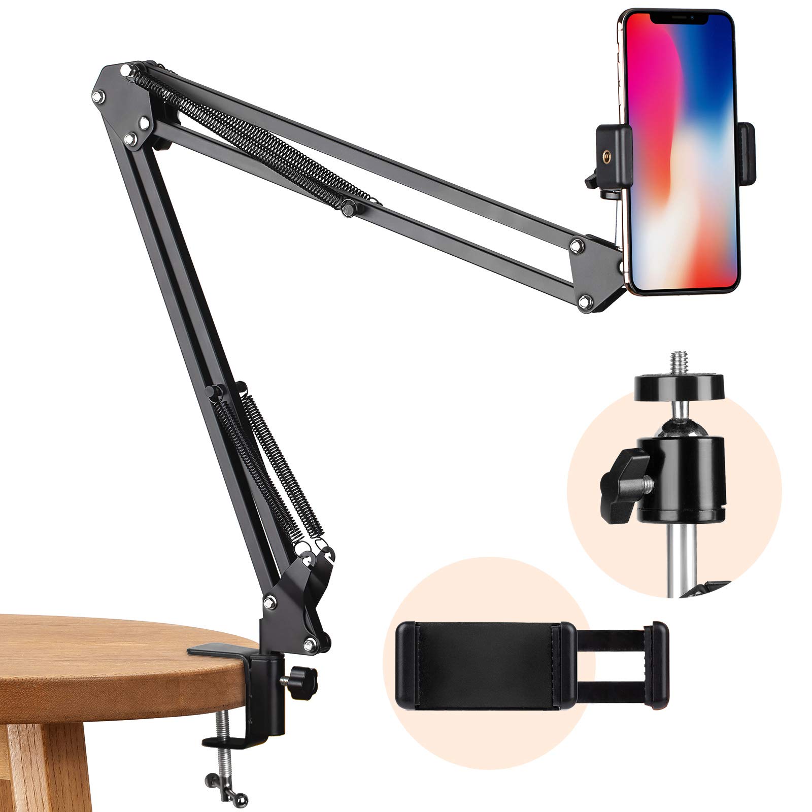 TARION Overhead Tripod Mount Articulating Arm Phone Holder Video Webcam Stand Lazy Arm Clamp Table Desktop Suspension Scissor Arm Stand (Black)