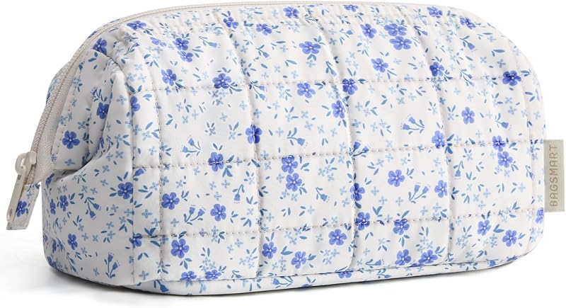 BAGSMART Necessaire de maquiagem e viagem com zíper amplo, estampa floral 27-Blue Ditsy Floral