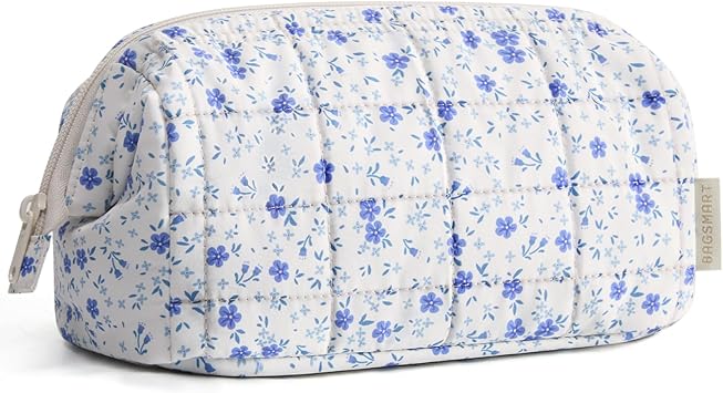 BAGSMART Makeup Bag Travel Toiletry Bag, Puffy Padded Make Up Bags for Women Makeup Organizer Case, Wide-open Pouch Purse Travel Essentials Toiletries Accessories Brushes, Blue Ditsy Floral