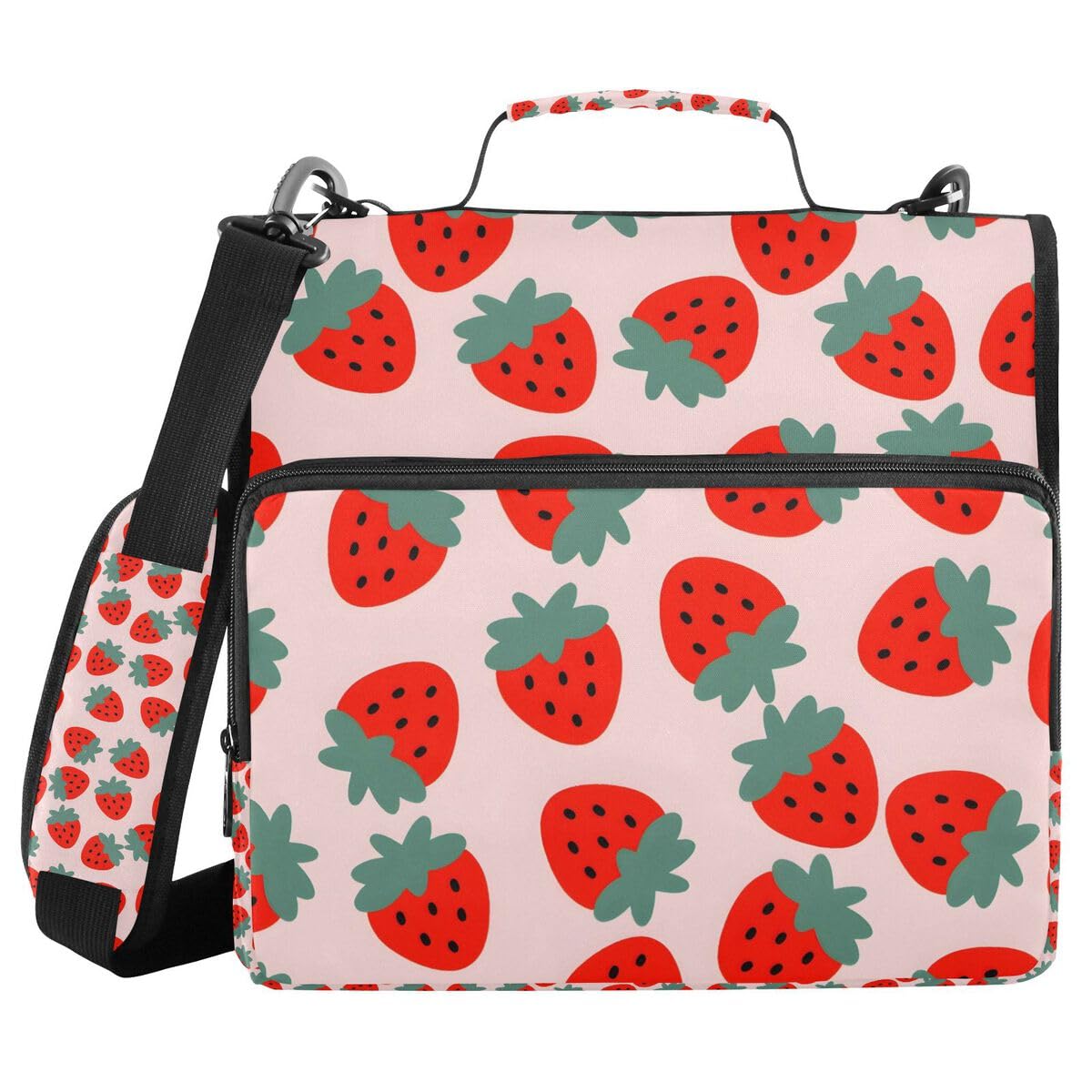 ALAZA Strawberry Fruit Lovely Zipper Binder 3 Ring Binder Organizer with Zipper and Shoulder Strap Large Capacity Multi-Pocket for Office Supplies
