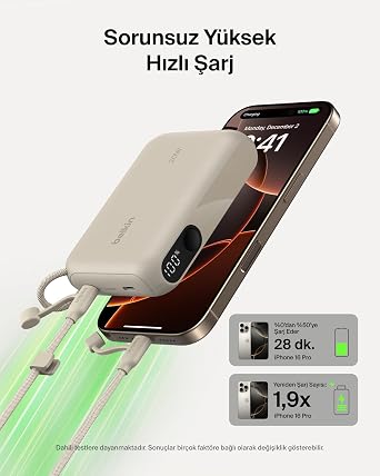 Belkin Taşınabilir Şarj Cihazı, 10K mAh USB-C İnce Güç Kaynağı, 2 USB-C Port, Dijital Pil Göstergesi, 20W Hızlı Şarj, iPhone 16, 15 Serisi, Samsung Galaxy S25, S24, Pixel 9, iPad ve Fazlası, Kum Rengi