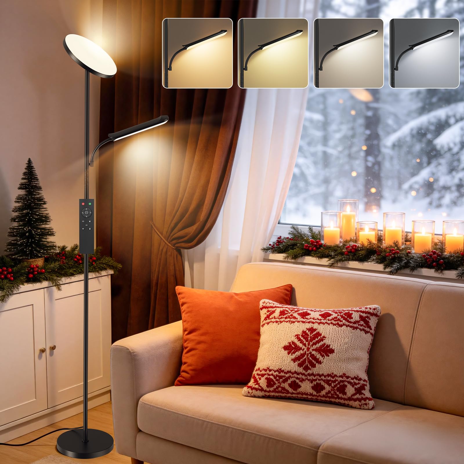 Stehlampe Wohnzimmer, 42W Deckenfluter mit Leselampe Dimmbar, 4200LM Stehlampe mit 2700K-6500K Farbtemperatu, Moderne Standleuchte mit Fernbedienung & Touch-Steuerung für Wohnzimmer Schlafzimmer
