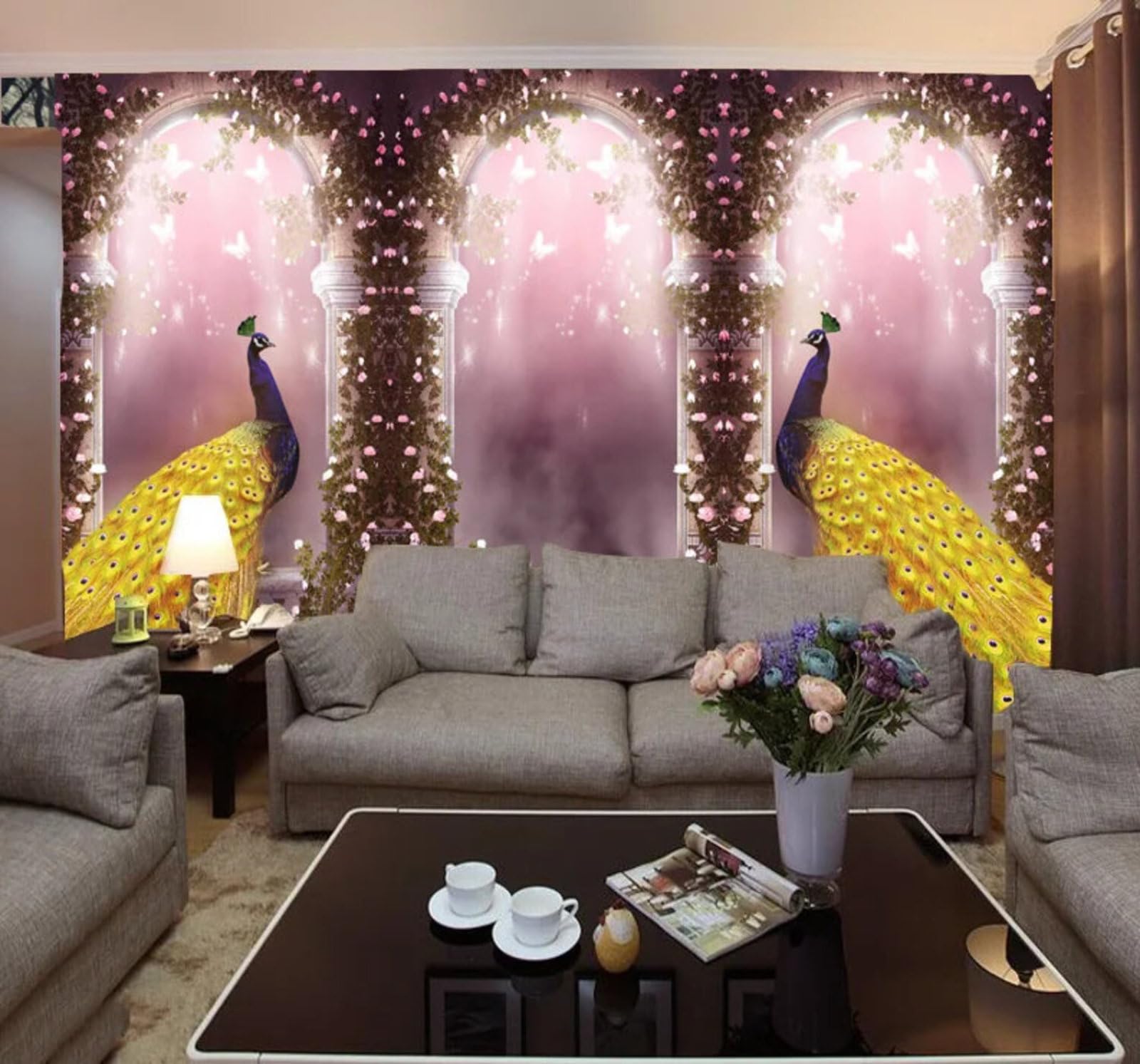 Wallpaper-3D-Xlm 250Cm×170Cm(B×H) Dreamlike Arch Space Peacock Butterfly 3D Wallpaper Easy Install Feature Office Living Room Sofa Bedroom Tv Background Wall Decoration-250Cm×170Cm