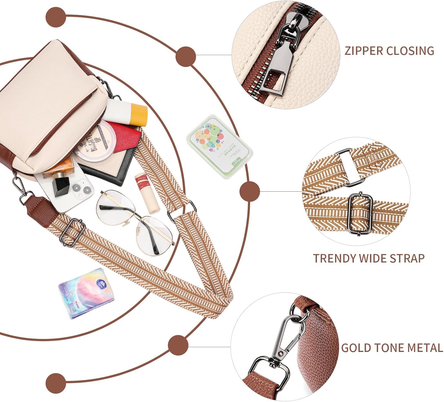 FALAN MULE Small Crossbody Bags for Women Pu Leather Triple Zip Cell Phone Handbag with Adjustable Shoulder Strap - Image 5