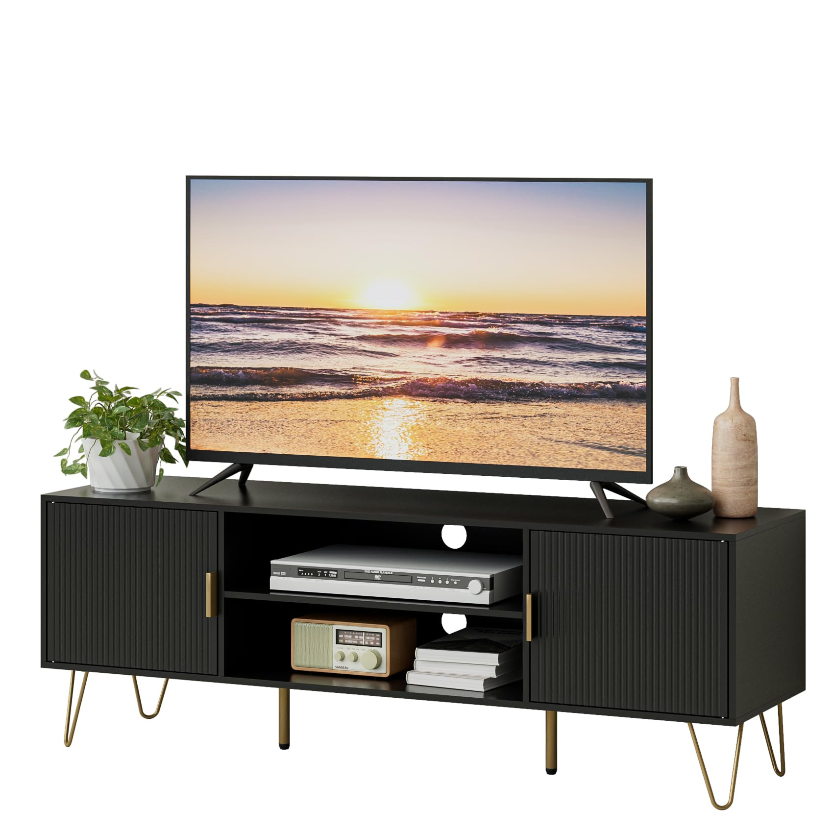 tv stand for 55-65 inch tv, entertainment center with soft hinge door,tv console table with 2 cabinets with gold handle and feet,for living room, bedroom, black