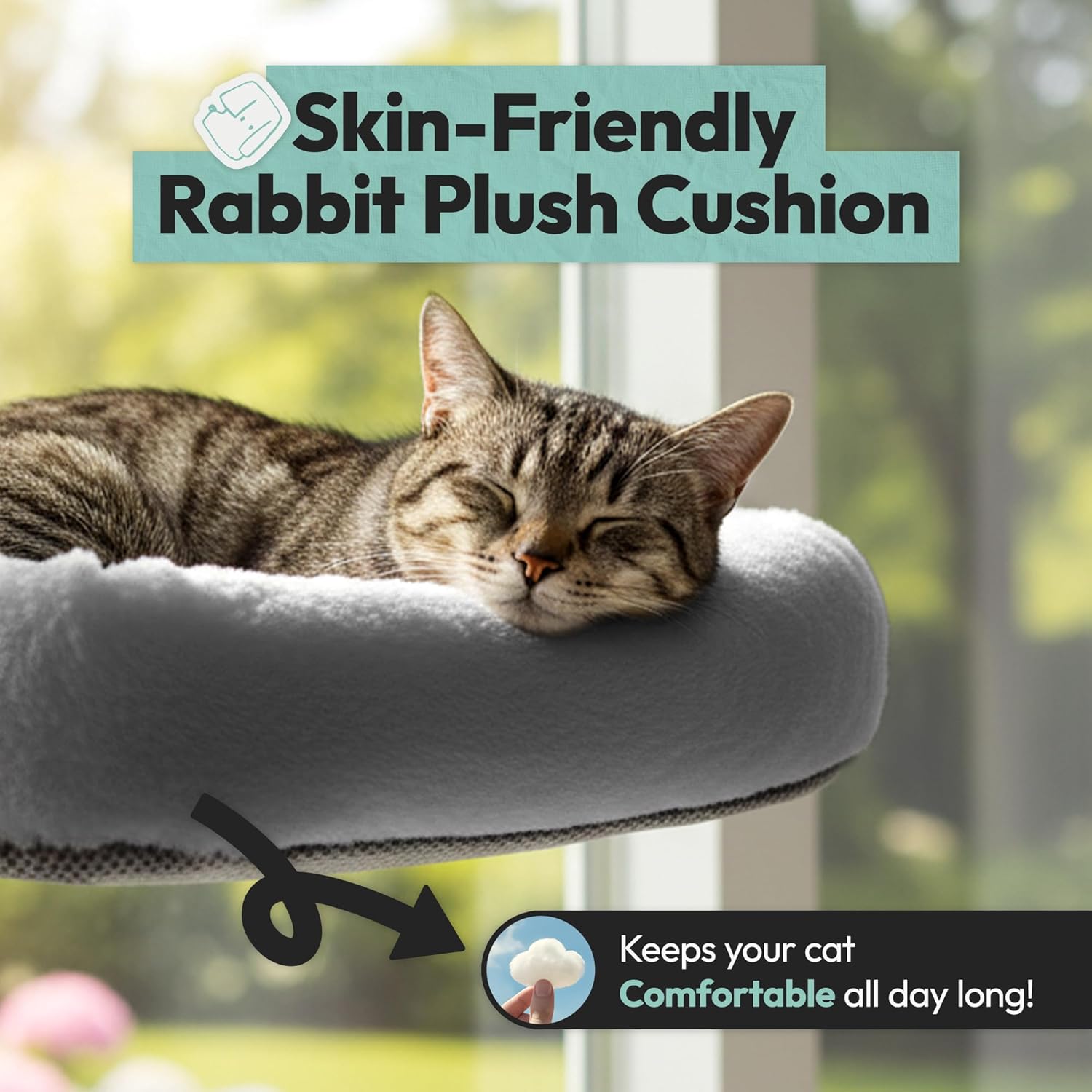 Cordless Cat Window Perch, Foldable Cat Window Hammock, 4 Strong Suction Cups, Solid Metal Frame, Patented Hook Design, Cushion Grey, L