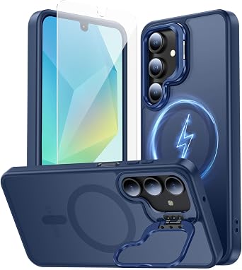 TOBOVON for Samsung Galaxy A16 5G Case, Fits MagSafe, with Built-in Camera Ring Stand & Screen Protector, Slim Translucent Matte Military-Grade Drop Protection Magnetic Cover, Blue