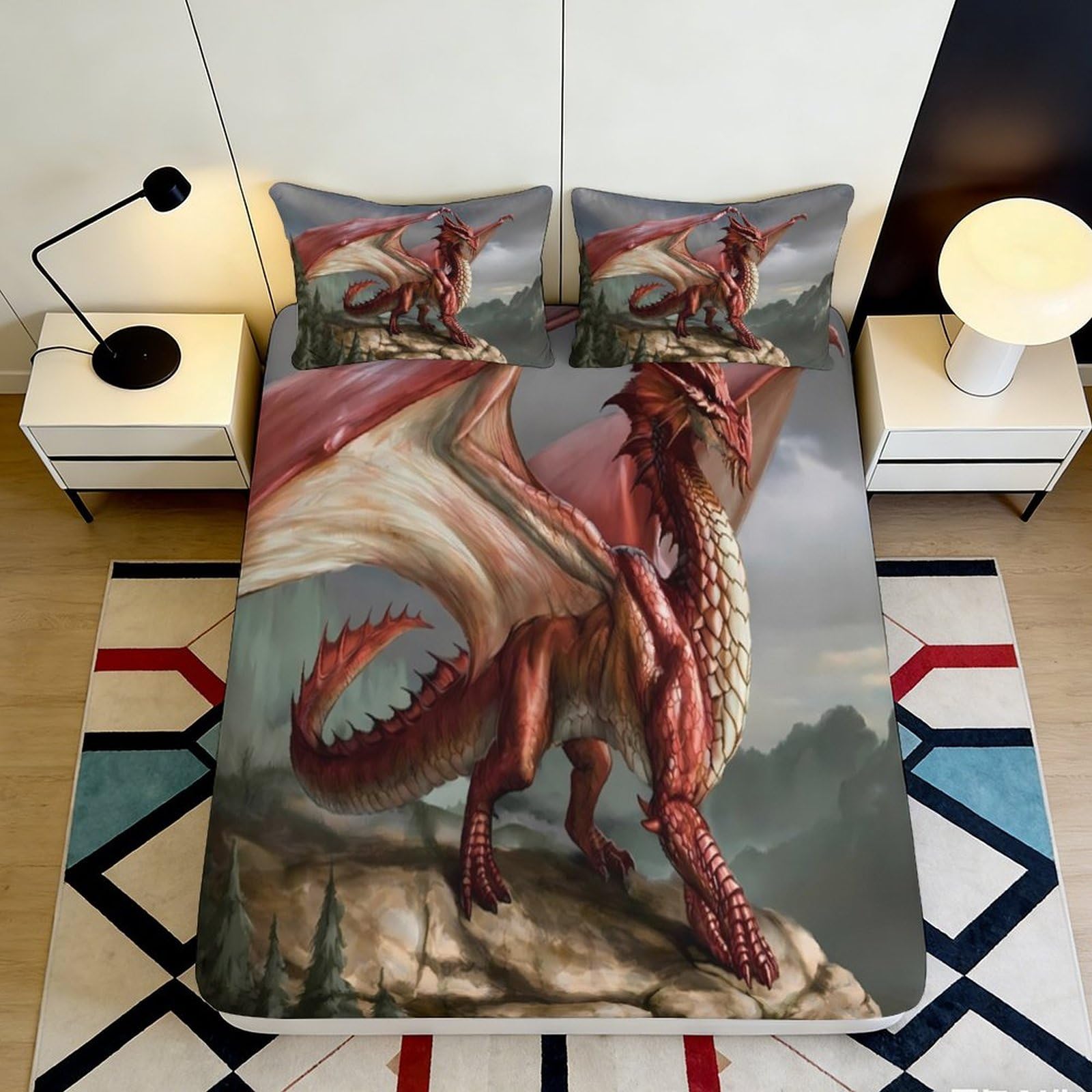 Jqzkxnhpbr Style-2 3D Printed Red Dragon Fitted Sheet Microfiber Soft Fantasy Mountain Mattress Cover For Bedroom Guest Room Decor 90X200x25cm