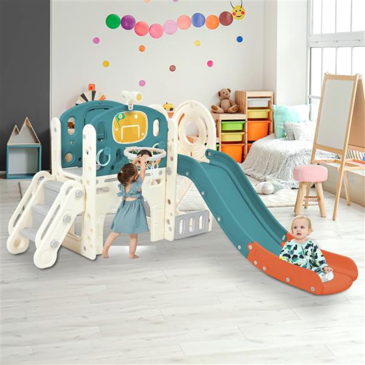 7 In 1 Children's Slide Play Set,Free-standing Castle Climbing Frame with Basketball Stand, Telescope,Children's Climbing Play House, Suitable for Indoor and Outdoor Activities, White Green and Orange