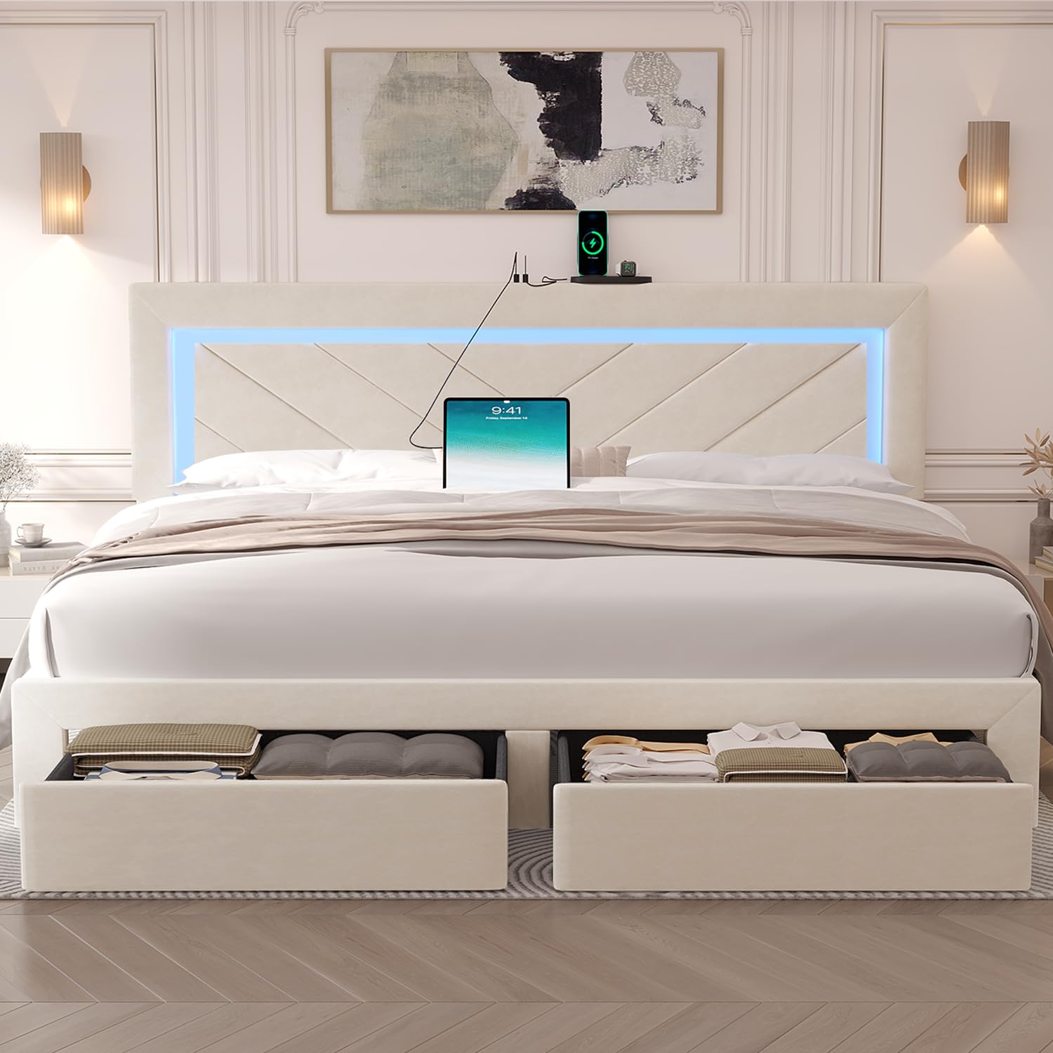 king size bed frame with adjustable headboard and storage drawer, upholstered bed frame king with rgb led lights and charging station, easy assembly, no box spring needed, off white