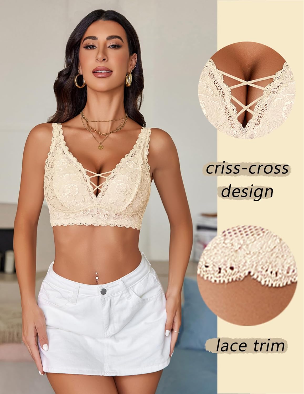 Avidlove Lace Bralette for Women Sexy Unpadded and Unlined Wireless Bra V Neck Criss Cross Everyday Lingerie Bralettes Nude - Image 3