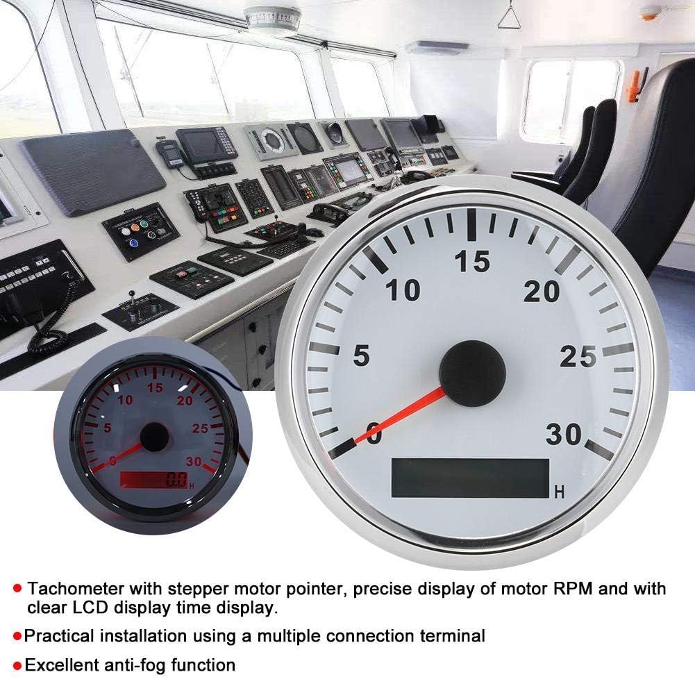Acouto Boat Tachometer 85mm/3.3in Boat Tachometer Sensor IP67 Tacho Gauge 12V/24V Red Light with LCD Display Service Hour Meter 3000 RPM(Silver Frame White Dial)