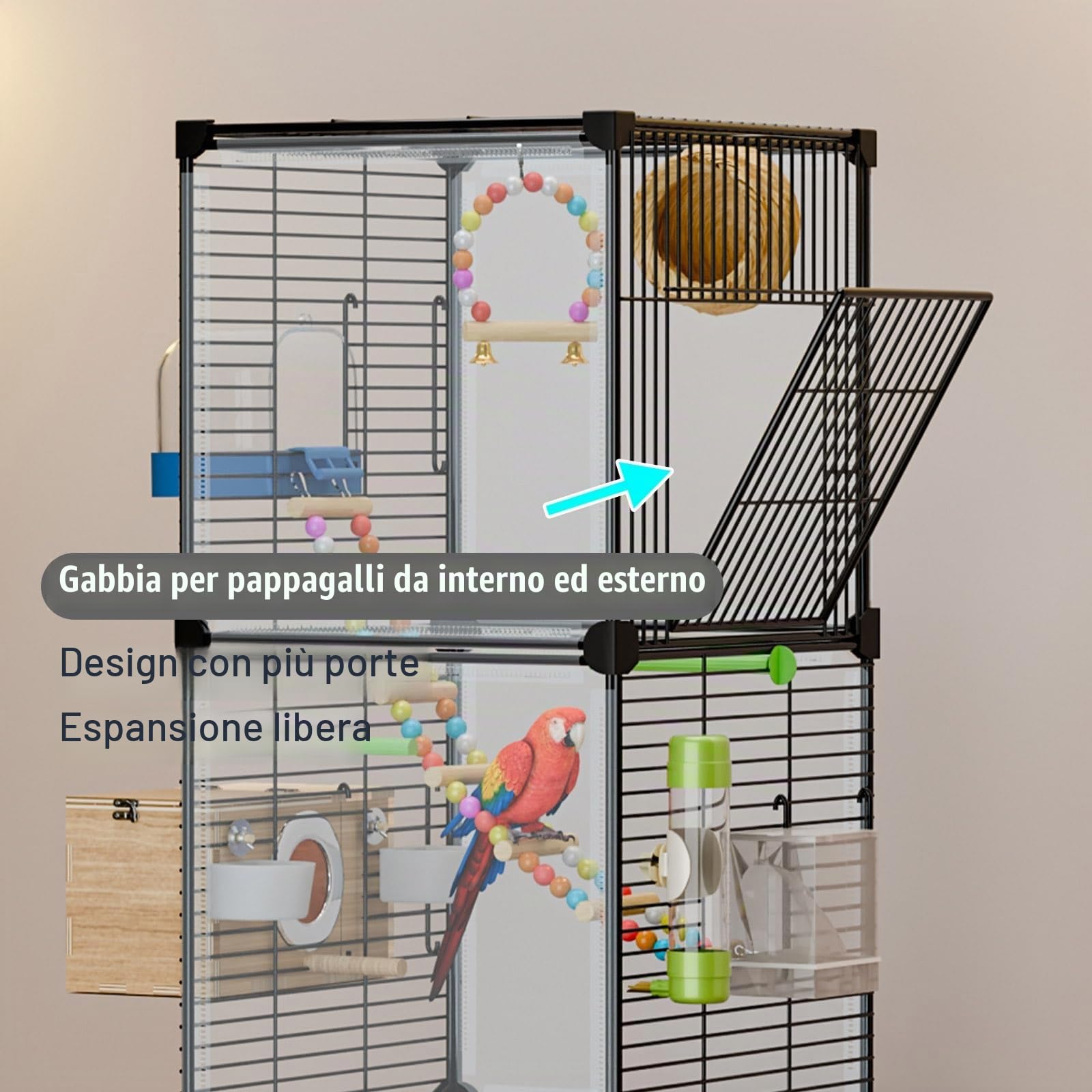 38 Inch Grande Gabbia Voliera Per Uccelli Pappagalli Con Ruote, Doppio Strato Canarini Voliera Per Uccelli Con Vassoio, Interieur Gabbia Uccelli Per Perroquets(Black Transparent,6 piece set)