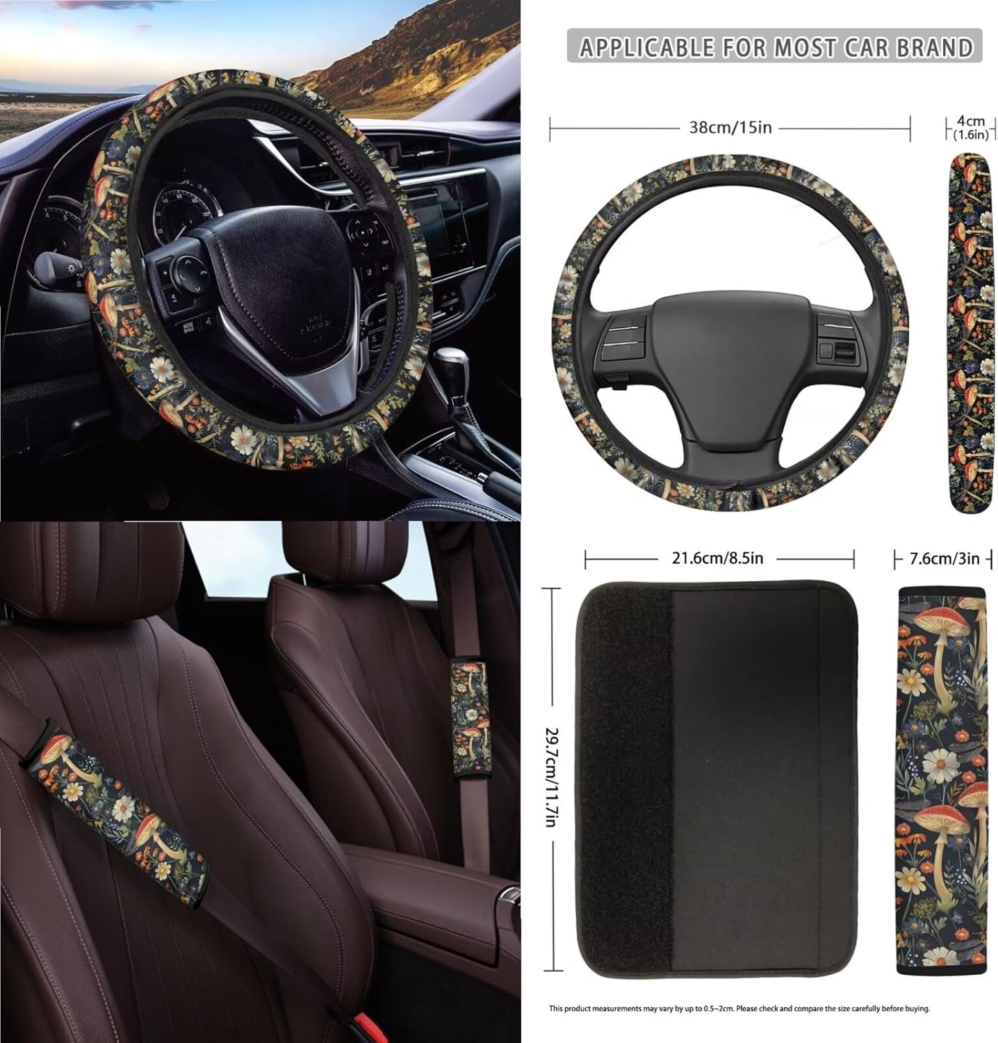 Dragonfly Mushroom Daisy 15Pcs Car Seat Cover Sets Car Steering Wheel Cover Seat Belt Cover Trash Bin Air Vent Storage Box Front Rear View Mirror Car Cup Holder Keychain