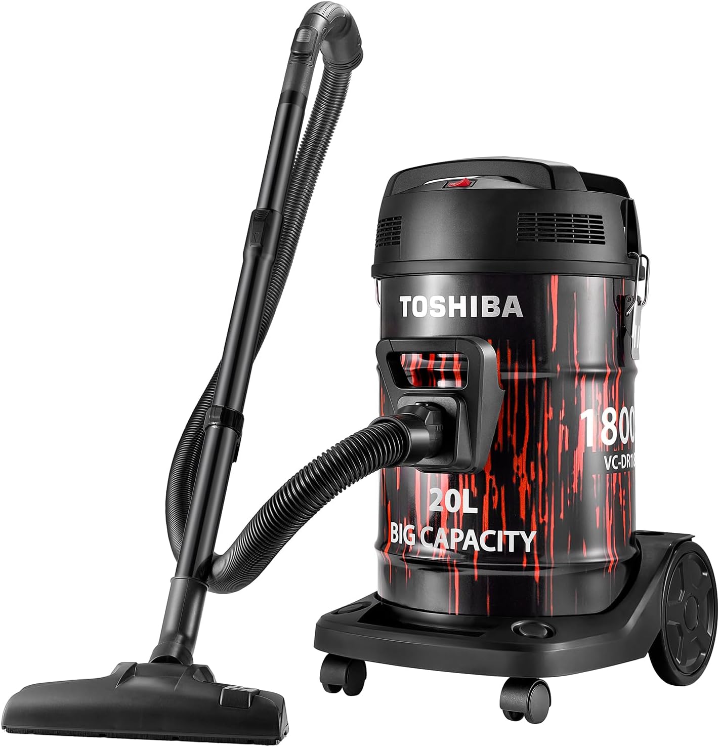 Drum Type Vacuum Cleaner, 20000Pa Suction 1800 Watts 20 Liters Push Handle & Big Wheels Blowing Function, Ideal for Home & Car Interior Cleaning, Red/Black, VC-DR180ABF(R)