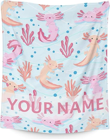 Girl Blanket - 30x40 Inches Personalized Cute Axolotl Throw - Light Blue Soft Fuzzy Blankets for Couch & Office