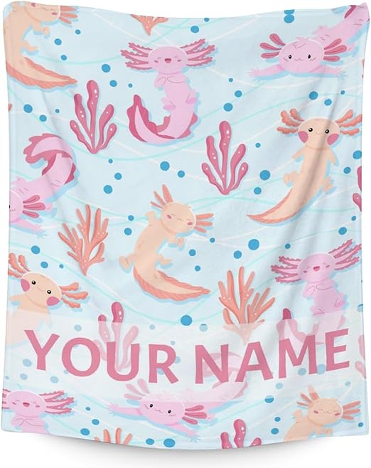 Girl Blanket - 30x40 Inches Personalized Cute Axolotl Throw - Light Blue Soft Fuzzy Blankets for Couch & Office