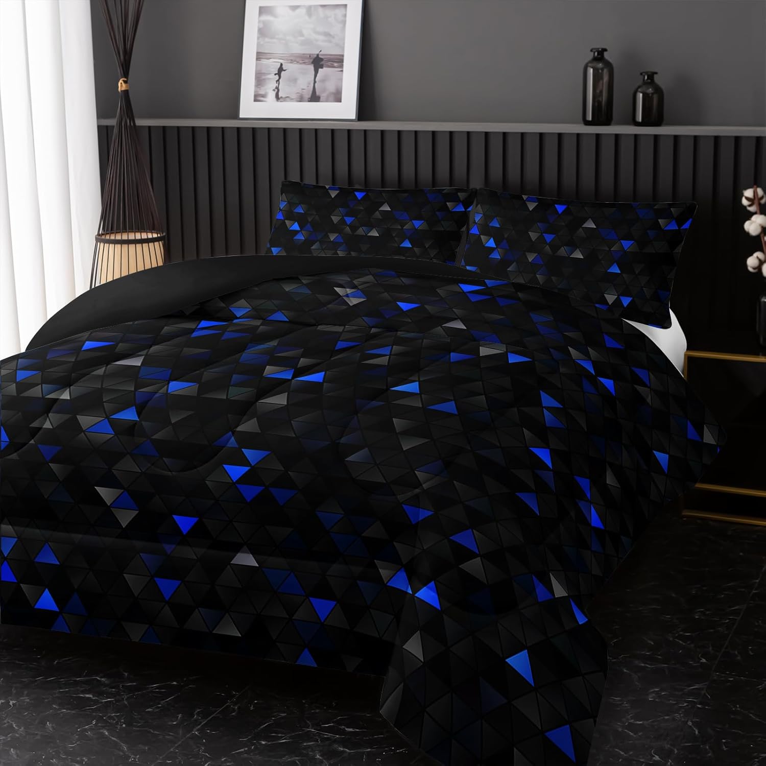 Geometric Blue Black Comforter Set,Triangle Honeycomb 3 PCS Bedding Set Twin Size for Teen Adult,Modern Quilt Set Geometry Decor,Microfiber Lightweight 1 Comforter 2 Pillowcases