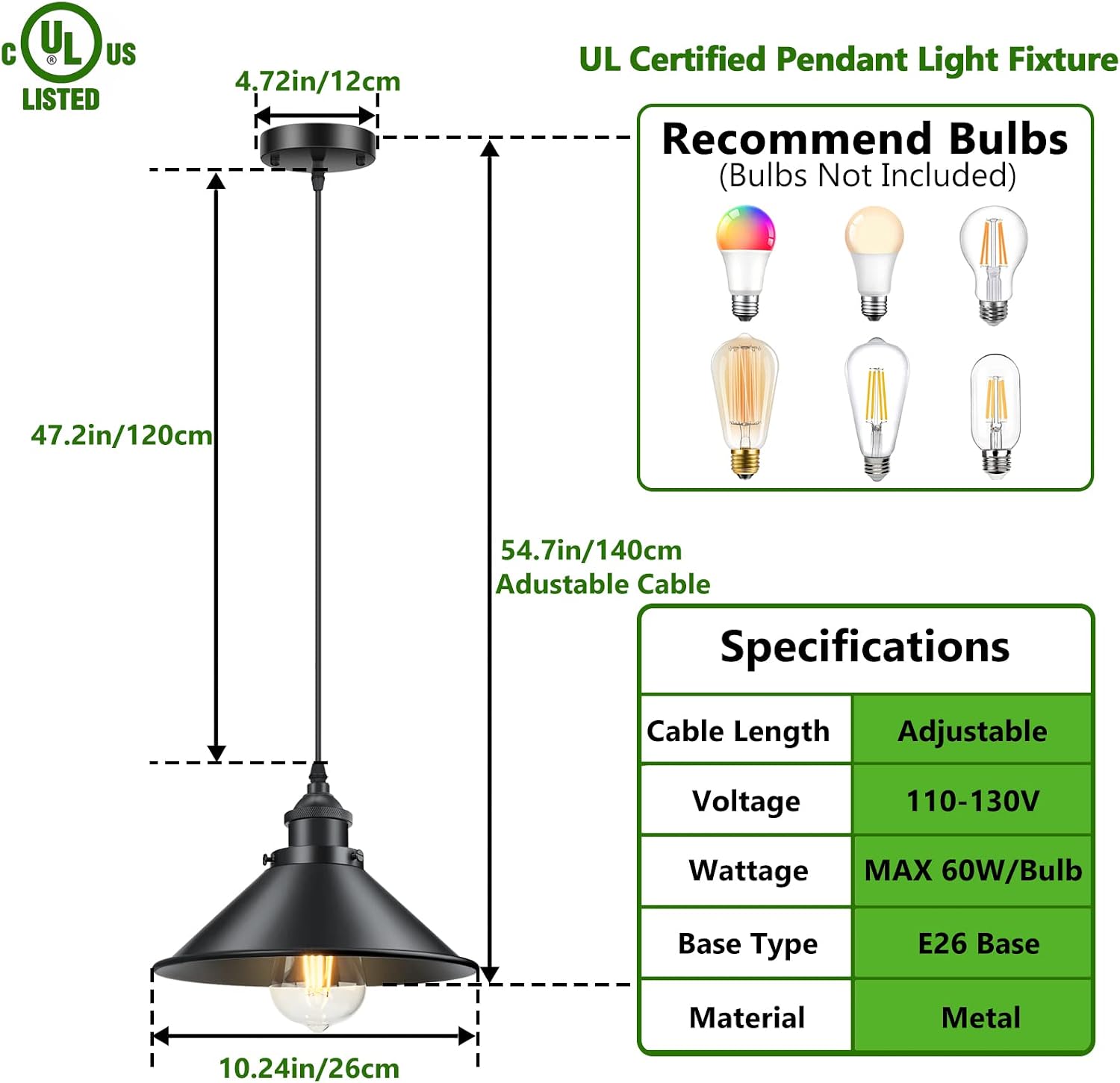 Licperron Industrial Pendant Light E26 E27 Base, Vintage Black Hanging Light Fixtures, Retro Bar Adjustable Pendant Lighting Fixtures for Kitchen Living Room, 2 Pack