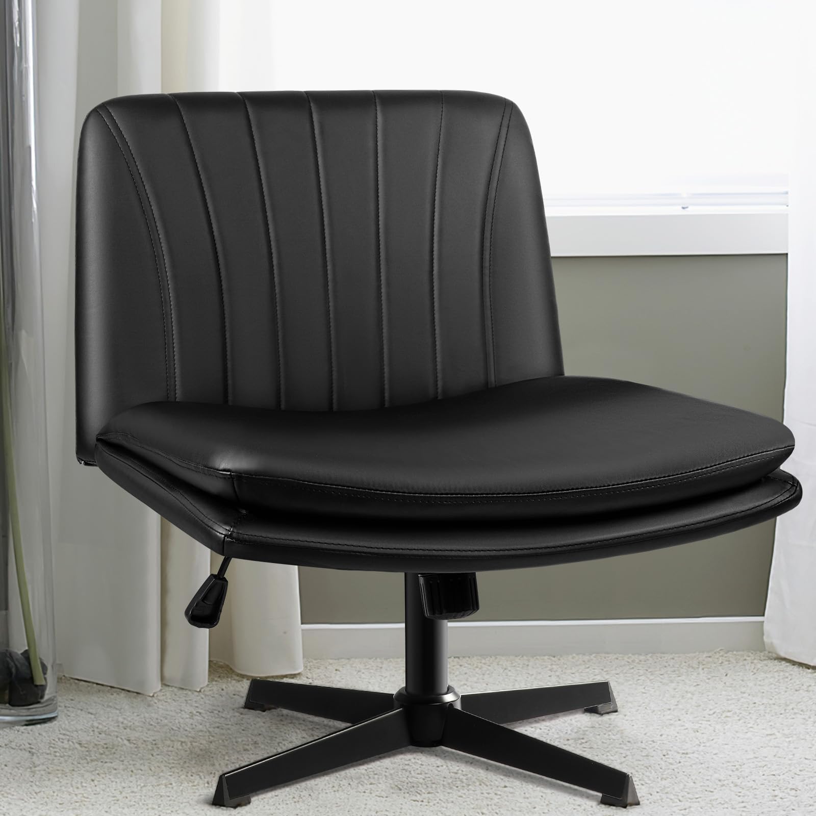 PU Leather Armless Office Desk Chair No Wheels,Criss Cross Legged Wide Padded Swivel Vanity Chair,120°Rocking Mid Back Ergonomic Computer Task Chair for Home, Make Up,Small Space,Black