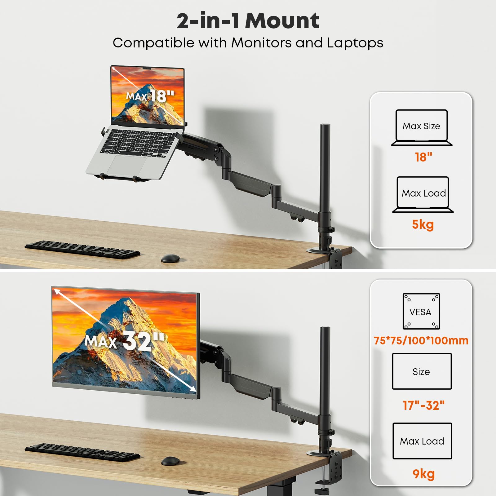 PUTORSEN Supporto a braccio per laptop fino a 18" e monitor da 17-32" | Portata massima 9 kg, supporto per monitor extra lungo con ripiano per laptop, sezione centrale rimovibile, VESA 75/100 mm