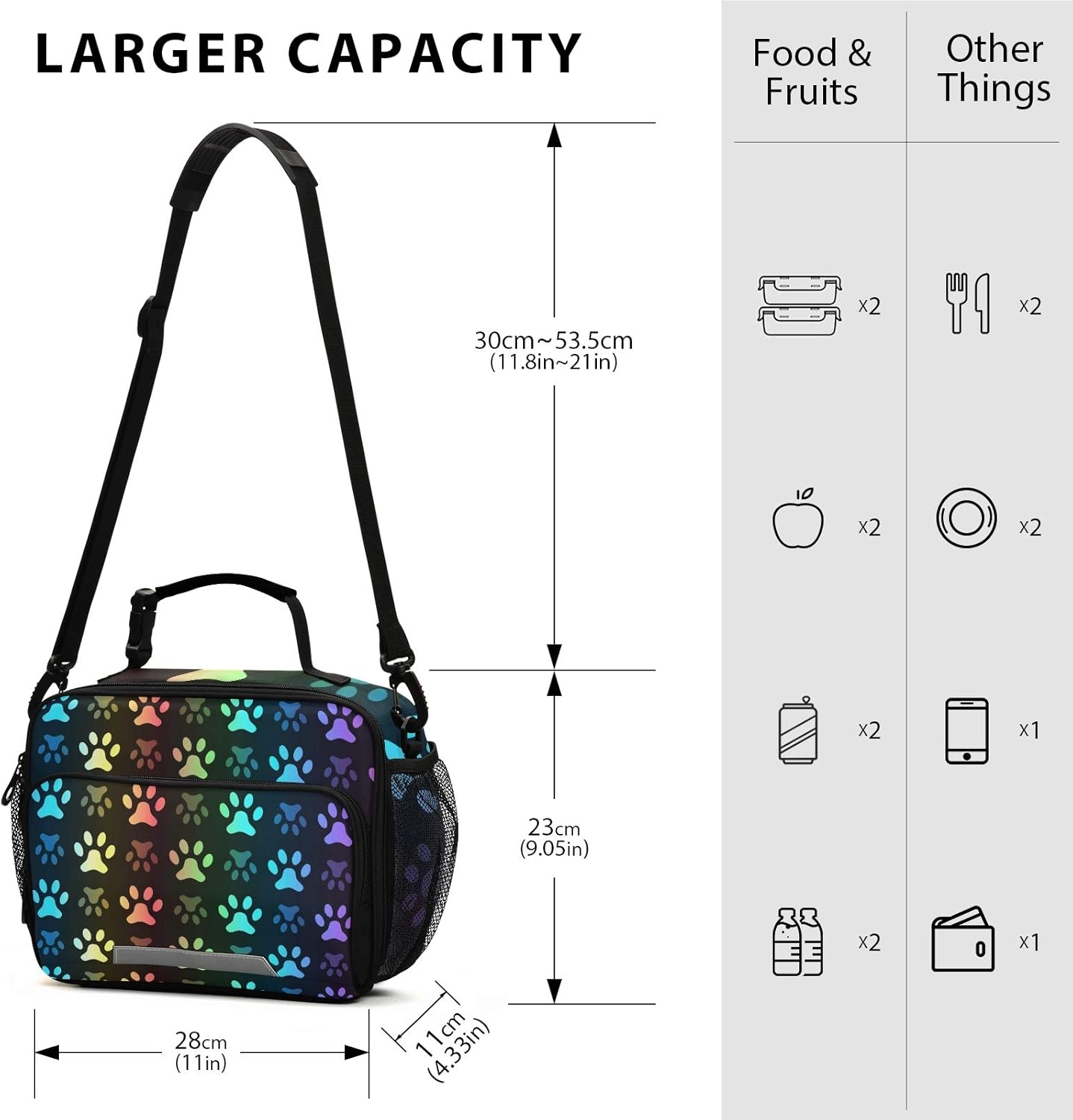 Naanle Rainbow Cat Paw Lunch Bag with Adjustable Shoulder Strap Insulated Leakproof Tote Bag Picnic Box Double Zippers Wide Open Lunch Container Bag for Office Work School