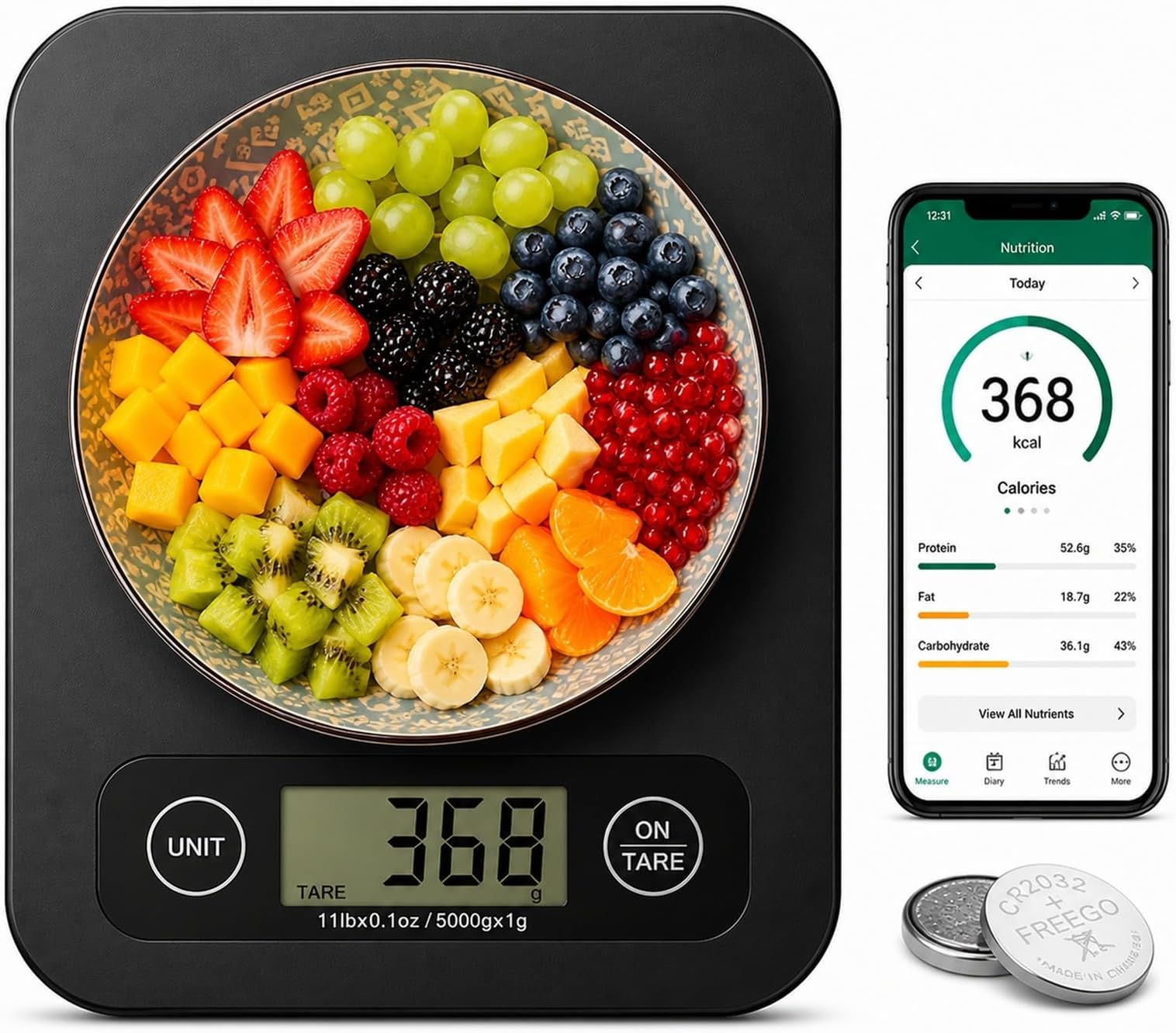URAMAZ Food Scale with Nutritional Calculator, Digital Food Scales for Kitchen Scale Grams and Ounces, Smart Food Weight Scale for Weight Loss, 20 Nutrients Tracking, Diet, Calories, Meal Prep, 11lb