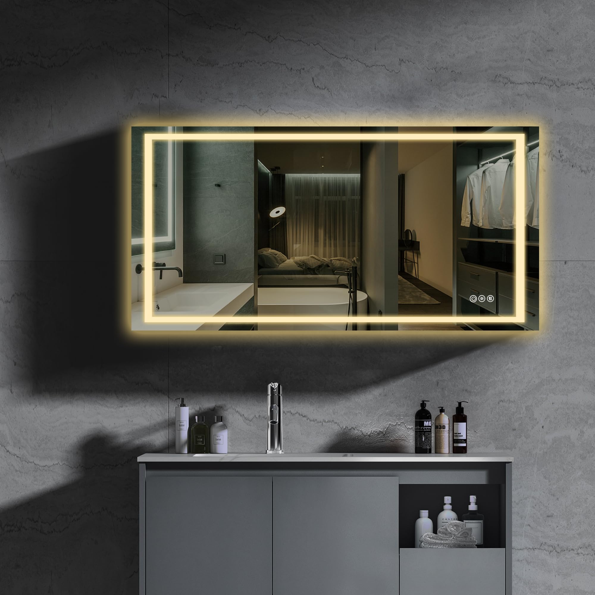 48x24 inch Vanity Mirror with Lights, LED Bathroom Mirror, Large Lighted Smart Mirrors for Bathroom Bedroom Wall Mounted 3 Colors Front and Backlit Frameless Light up Makeup Mirror