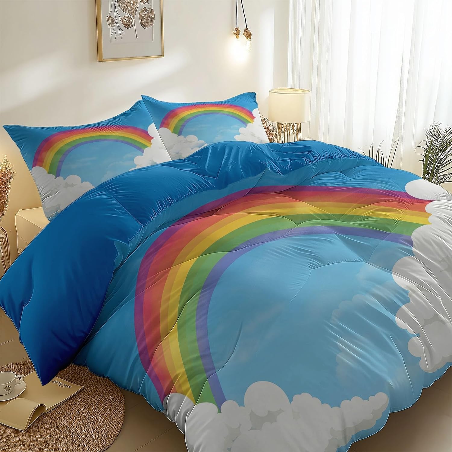 3PCS Blue Duvet Cover Set, Cartoon Rainbow Clouds Pattern Bedding with Zipper Closure, Duvet Cover Full Size Print for Girls Kids and Teens Home Décor