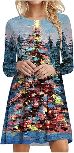 Vestido de Navidad para mujer, estampado de árbol de Navidad en 3D, vestido de manga larga, vestido tipo camiseta, vestido casual de vacaciones
