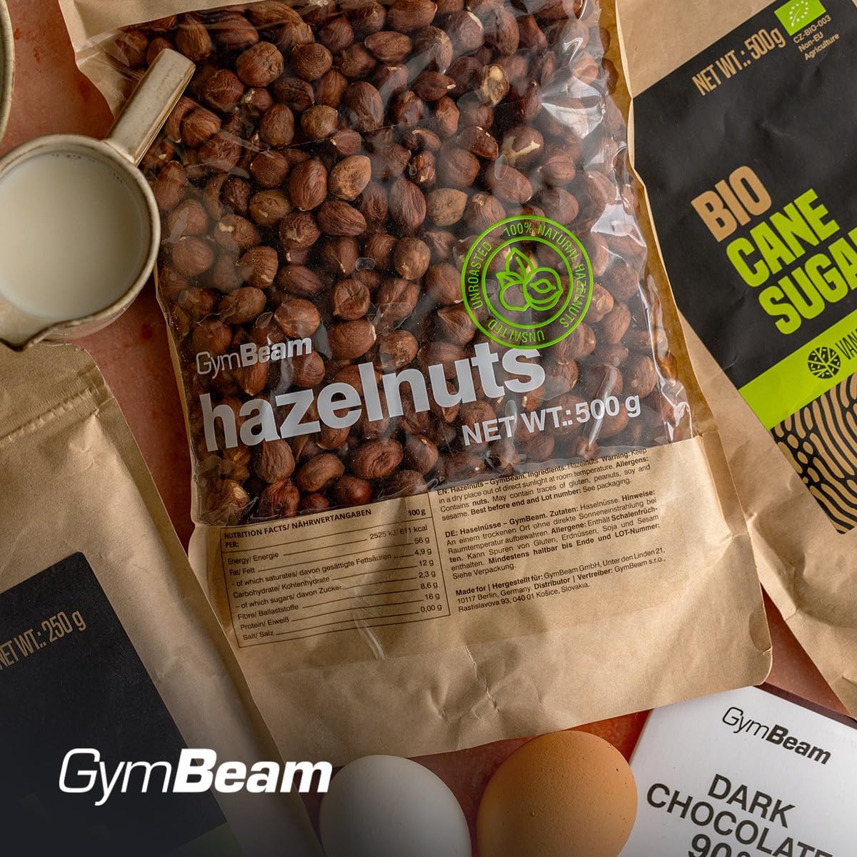 GymBeam Haselnüsse mit Schale - Ungeröstete Haselnüsse, natürlicher Geschmack, reich an gesunden Fetten & Ballaststoffen, ohne Zusatzstoffe, vielseitige Verwendung, ideal fürs Backen, vegan