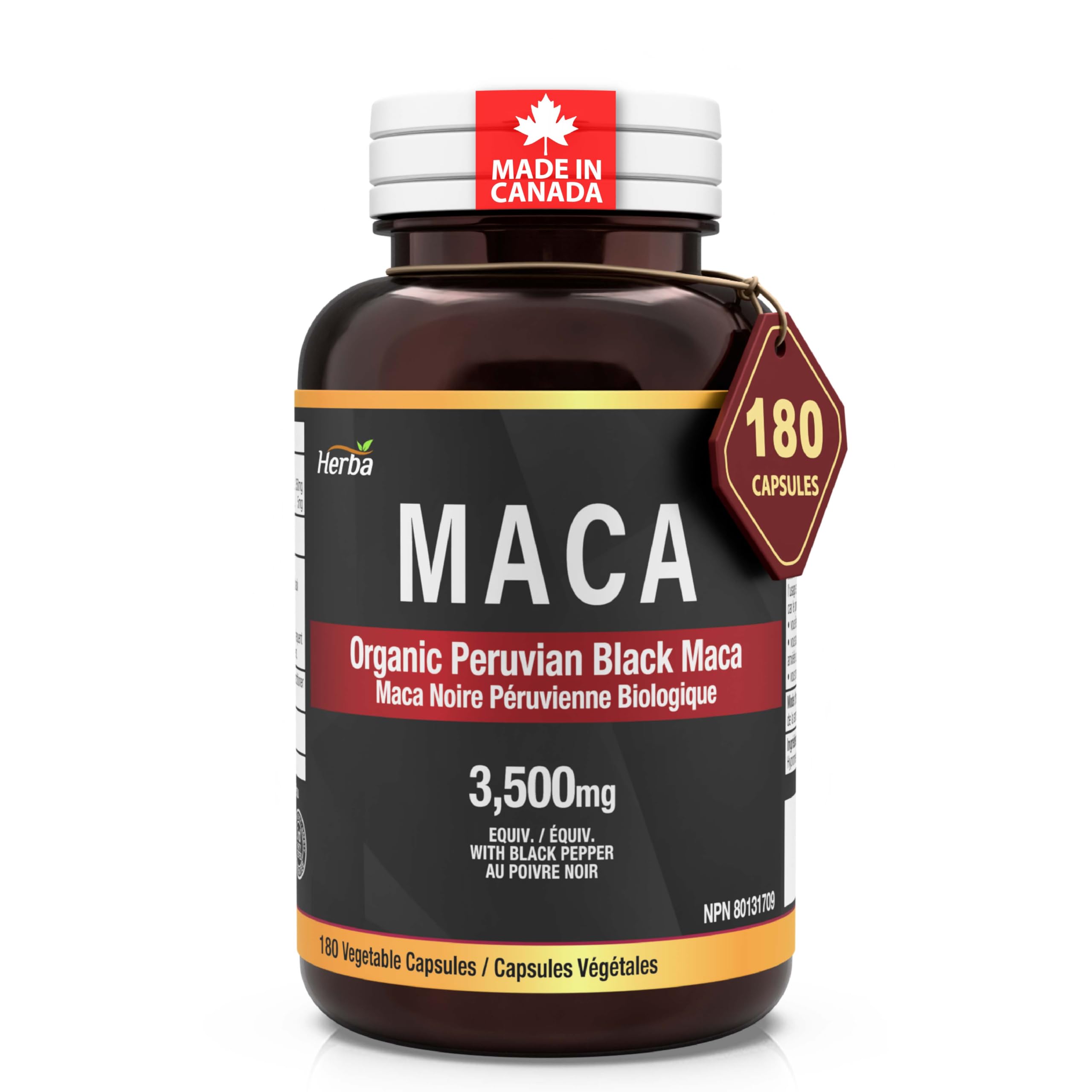 Herba Organic Black Maca Root for Men 3500mg – 180 Capsules | Sourced from Peru | 10:1 Extract with Black Pepper | Premium Black Maca Root Capsules for Men & Women | Made in Canada
