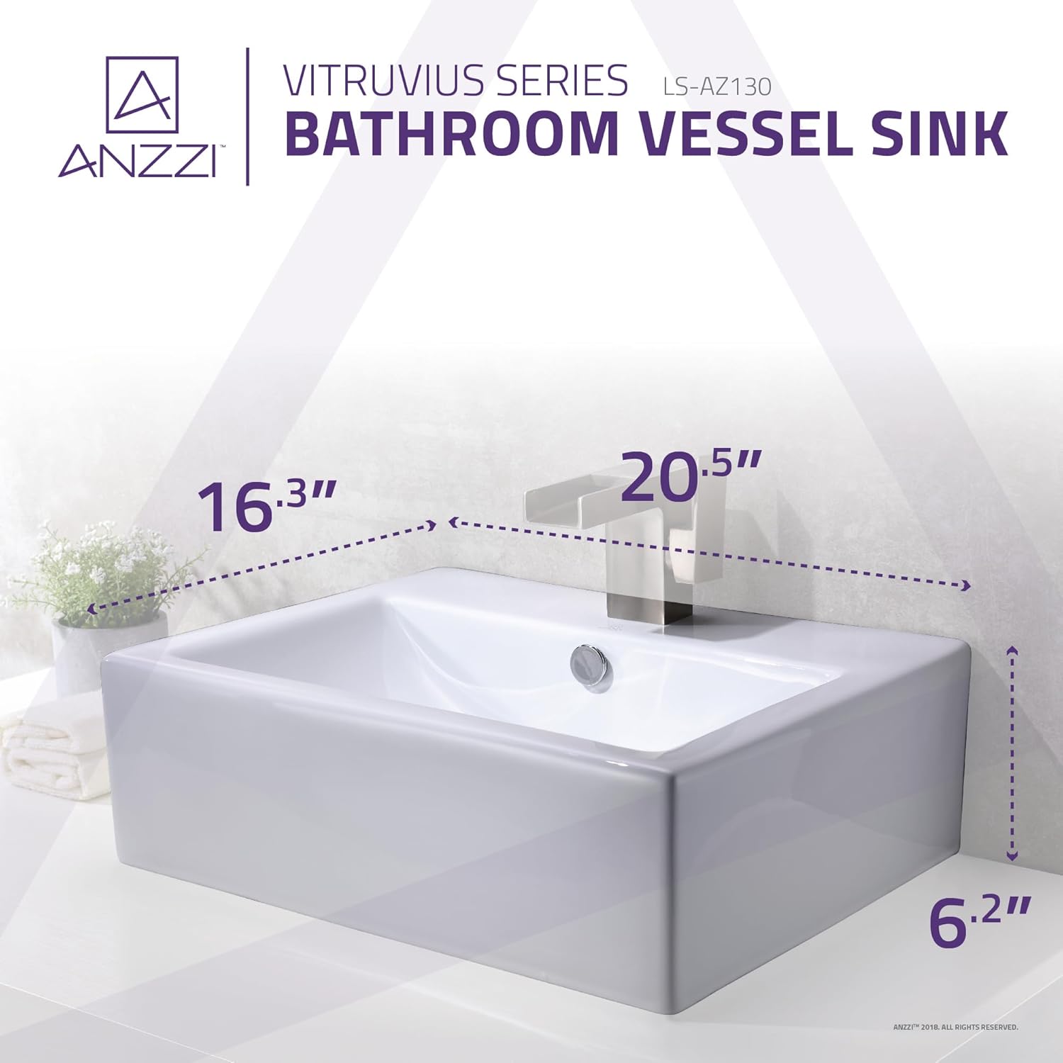 ANZZI Vitruvius Polished Glossy White Ceramic Rectangular Vessel Sink for Bathroom | Overflow Built in Vitreous Porcelain Single Bowl Bathroom Sink above Counter Top | LS-AZ130