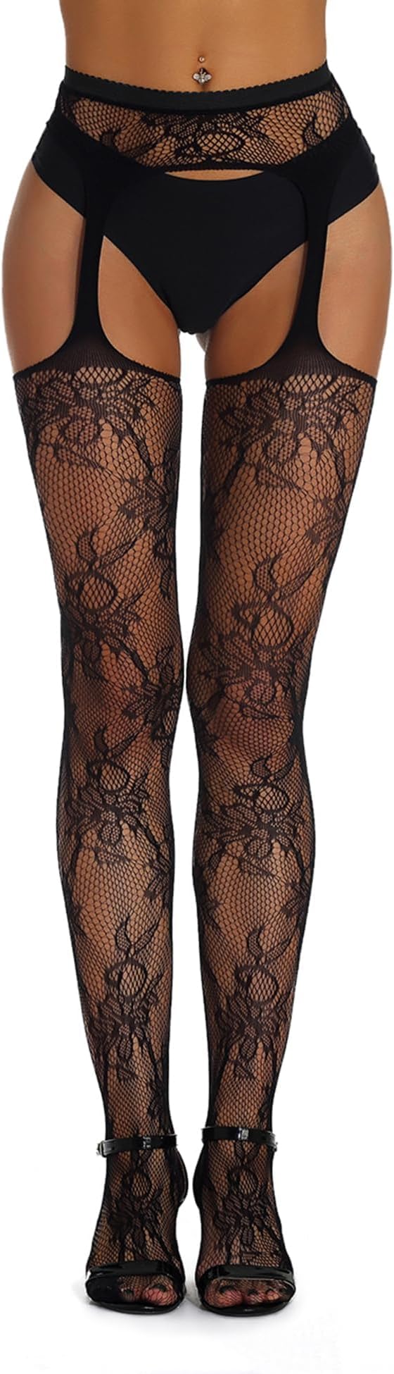 Suspender Pantyhose for Women XS-5XL Floral Lace Fishnet Tights Thigh High Stockings with Garter Fishnet Leggings