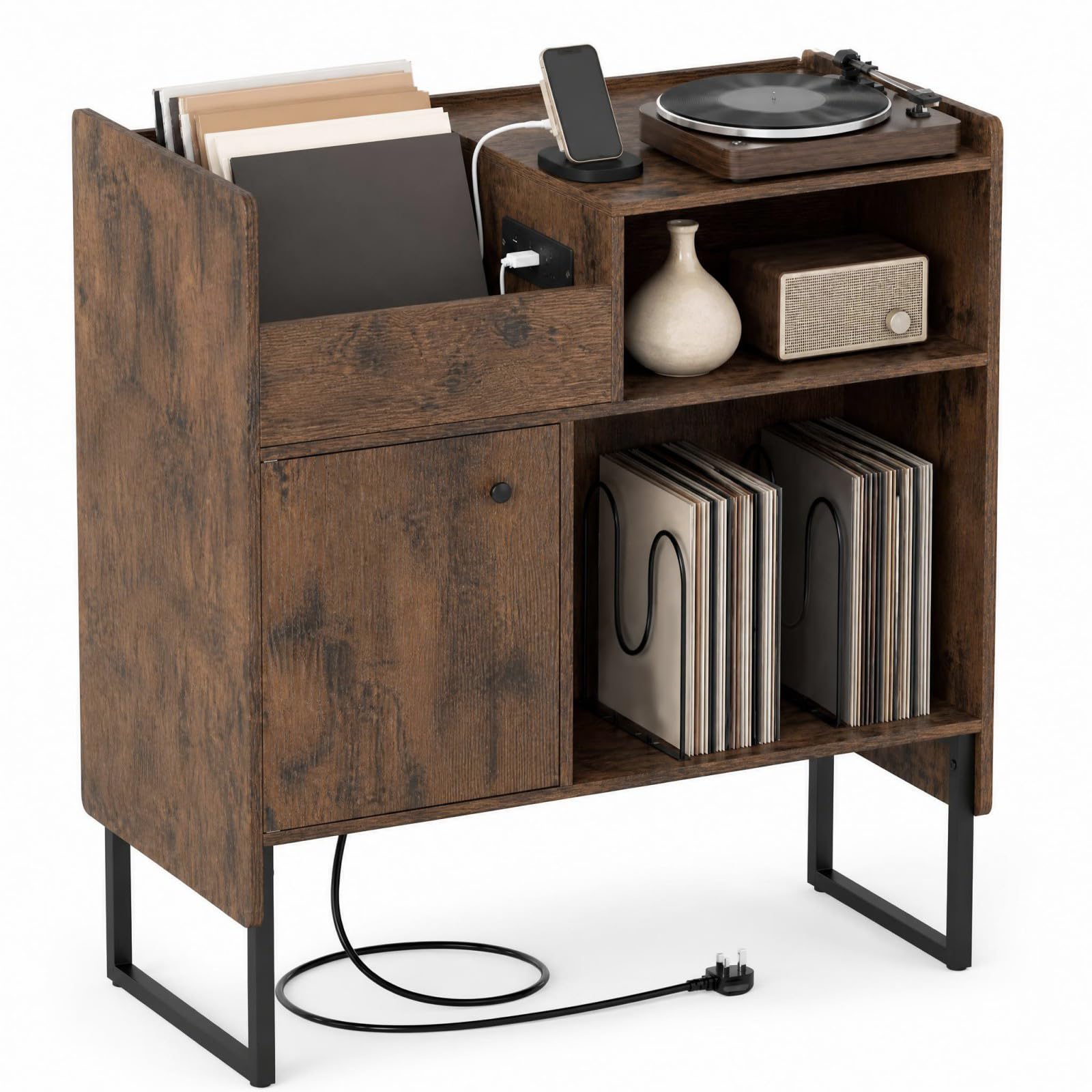KOMFOTTEU Meuble Platine Vinyle Station Charge Support Tourne-Disque Brun - Les Beatles, Paul McCartney, John Lennon, RIngo Starr, George Harrison KOMFOTTEU Meuble Platine Vinyle Station Charge Support Tourne-Disque Brun