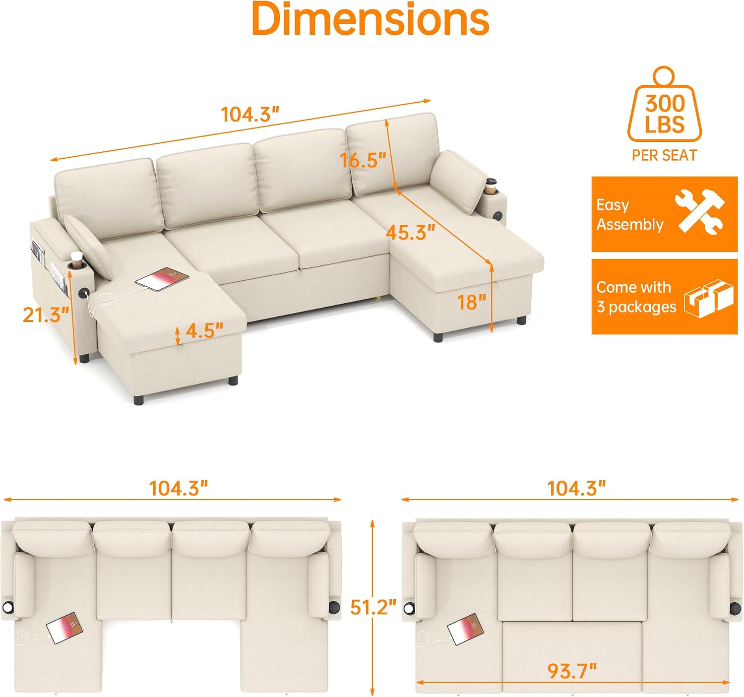 DURASPACE U-Shaped Sleeper Sofa with Storage USB Ports Cup Holder (Beige)